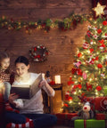Cozy holiday scene with family reading by a decorated Christmas tree, showcasing warm fairy lights enhancing the festive atmosphere.