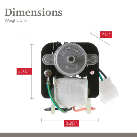 Front view of GE Refrigerator Condenser Fan Motor Replacement WR60X10168 PS967022 AP3855309 with dimensions labeled.