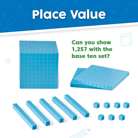 Blue Plastic Base Ten Blocks Set for Kids, Place Value Manipulatives for Regrouping, Counting Cubes displayed on a flat surface