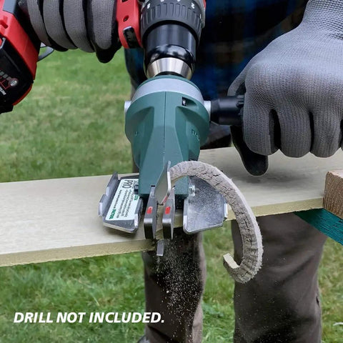 Close-up of Snapper Shear Siding Pro Cordless Drill Attachment cutting fiber cement siding, powered by an 18V drill, outdoor use.