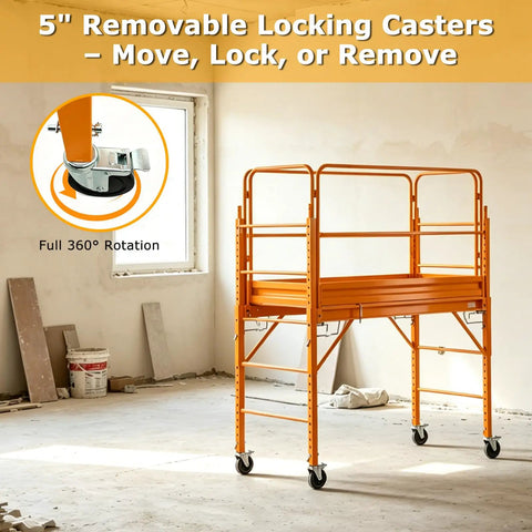 5" removable locking casters on Heavy Duty Baker Style Rolling Steel Scaffold Built Like A Tank For 1000 Lb Loads, designed for easy movement.