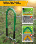 Fence Wire Fixer Heavy Duty Stretcher Tool Built From High Carbon Steel Wire Tightener for Barbed Plain or Electric Fences in Farm Ranch or Garden Green with stainless steel chain on grassy field.
