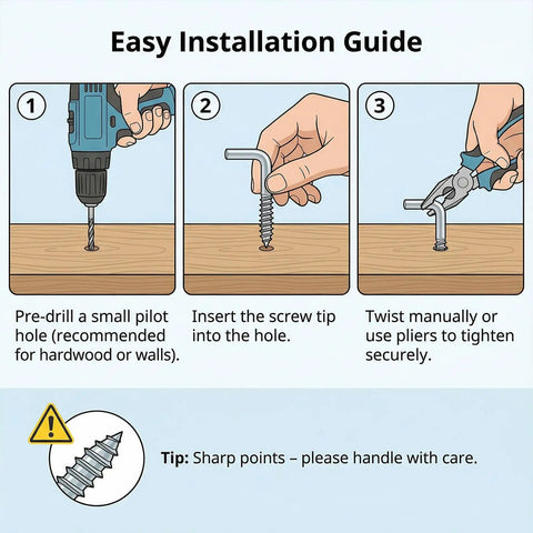 Easy installation guide for Level Up Your Home Storage Game With These 100 Pack Stainless Steel L Hooks Right Angle Screw Eye Hooks.