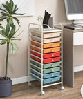 Rolling Utility Cart With Ten Drawers, Lockable Wheels, Easy Grab Handles, And Mega Mobility For Home Office, Classroom, And Workshop Storage, Large Capacity Organizer For Paper, Toys, Crafts, And More next to desk.