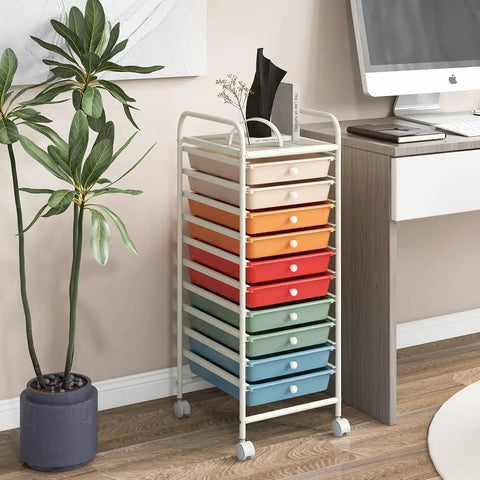 Rolling Utility Cart With Ten Drawers, Lockable Wheels, Easy Grab Handles, And Mega Mobility For Home Office, Classroom, And Workshop Storage, Large Capacity Organizer For Paper, Toys, Crafts, And More next to desk.