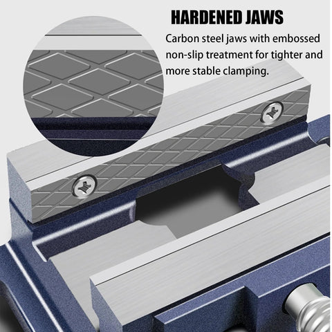 Purezmoto small fixed woodworking table vise, blue metal body with diamond-pattern hardened jaws, 5in/125mm (close-up).
