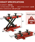 Motorcycle Lift Center Scissor Jack Beast 1100 Lb Capacity With Saddle And Pin Steel Hoist Stand shown with dimensions and specs.