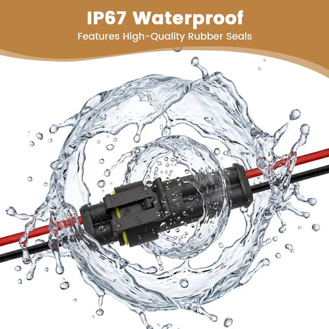 Heavy Duty 2 Pin Waterproof Wire Connector Set With 15 Cm Copper Leads and Heat Shrink Tubing in water, showcasing IP67 waterproof features.