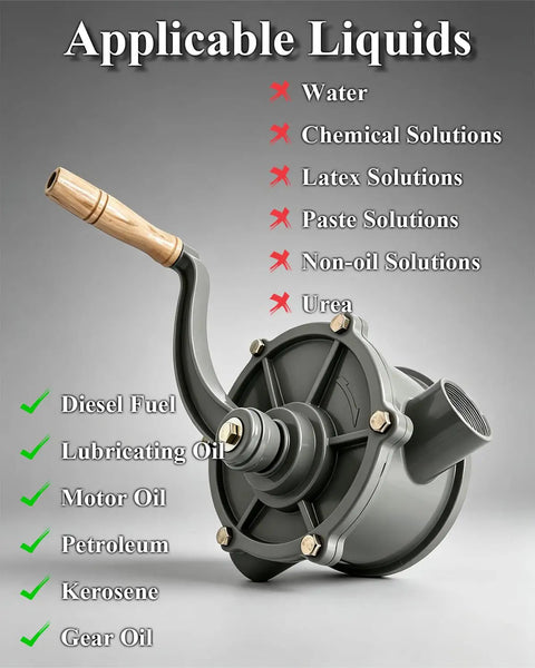 Rotary Hand Drum Pump For Gas And Diesel Transfer From 30 35 40 Gallon Caddies, Aluminum Body, Easy Grip Handle, Adjustable Pump Core With One And One Quarter Inch Inlet And Outlet, shown with applicable liquids