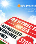 Straight Up Tough Restricted Area Sign Authorized Personnel Only Do Not Enter Safety Plaque Rock Solid Construction Hella Weatherproof Top Tier Aluminum Warning Placard Easy Install with UV protection and clear sky backdrop.