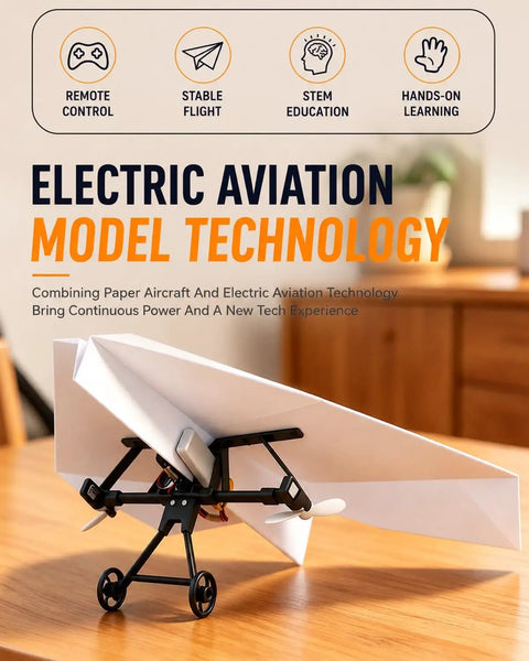 Power Up RC Paper Airplane Kit With Gyro Stabilizer, showcasing lightweight design on a desk, emphasizing educational use.