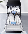 Sleek Compact Countertop Dishwasher Featuring Fully Automatic Smart Controls And Hot Air Drying with organized ceramic dishes and glasses.