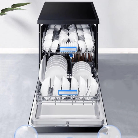 Sleek Compact Countertop Dishwasher Featuring Fully Automatic Smart Controls And Hot Air Drying with organized ceramic dishes and glasses.