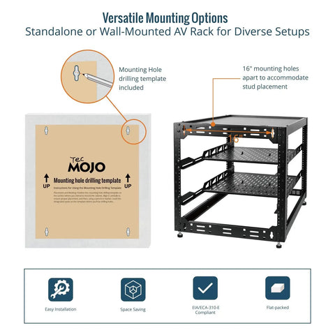 12U Open Frame Network Rack For IT And AV Gear Floor Standing Or Wall Mounted With Two 1U Shelves And Mounting Hardware