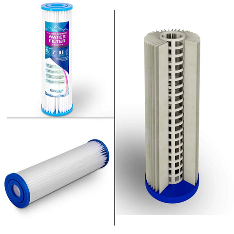 10 Inch Whole House Water Filter System With Hella Durable Thick Walled Transparent Housing And Classy Three Quarter Inch Brass Fittings Paired With Four Sick 5 Micron Pleated Sediment Cartridges multiple angles of pleated sediment filter cartridges