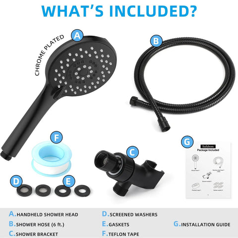High Pressure 5 Function Handheld Shower Head With 70 Inch Stainless Steel Hose Matte Black Finish Power Wash Massage Rain Mix And Mist Built In Upper Wash Nozzles For Tub Tile Diapers And Pets components layout