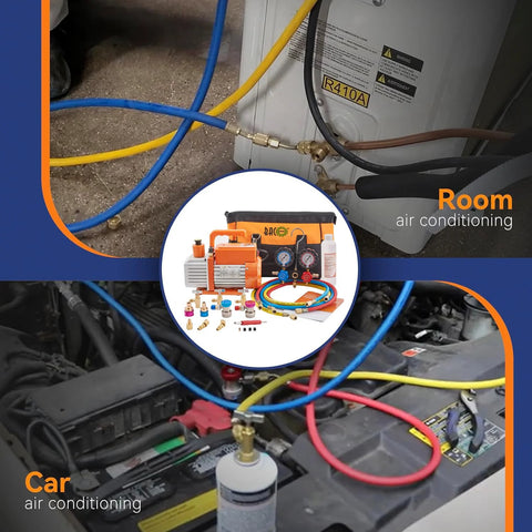 BACOENG R32 AC vacuum pump and gauge set with orange carrying case, hoses and gauges for auto/mini-split HVAC systems