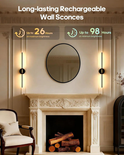 Rechargeable Battery Operated Wall Sconces Set Of 2 With Remote, 360 Degree Rotatable, 3000K Dimmable Magnetic Mount Wall Lights, 28.3 Inch Long, No Wiring Hassle Stick On Installation For Bedroom Living Room Dining Room beside a fireplace with mirror above