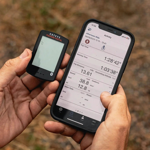 Padrone Digital Bluetooth Cycling Computer With IPX8 Waterproof Build shown with smartphone app ride upload feature