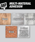 Visual of various materials including wood, drywall, concrete, and brick labeled for DAP Multi-Material Adhesion.