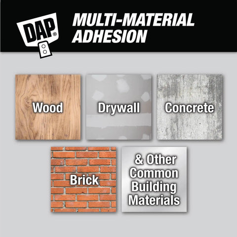 Visual of various materials including wood, drywall, concrete, and brick labeled for DAP Multi-Material Adhesion.
