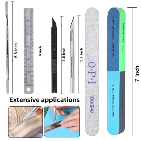 108 Piece Model Tools Kit For Modelers And Hobbyists showing measuring tools, precision blades, and nail files for crafting projects.