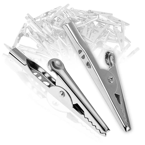 50 Pcs Stainless Steel Alligator Clips Test Leads Crocodile Clips With Screw Probes, Two Inch Length, High Conductivity For Diy Electronics And Lab Projects, Solder Or Screw Fix, Durable Hookups shown in close-up.