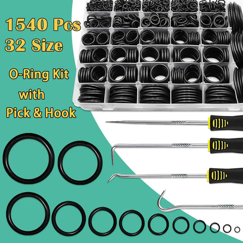 Pro Grade O Rings Kit With 1540 Pieces And 32 Sizes Of Nitrile Rubber O Rings Plus 4 Hook And Pick Set, assorted sizes