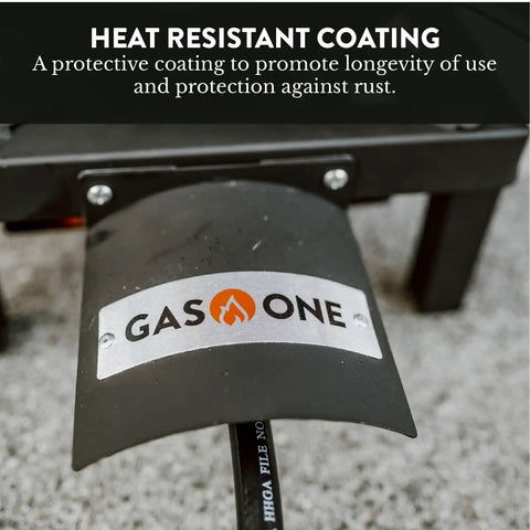 Heat-resistant coating on high pressure propane burner for outdoor cooking with heat shield and guard, built for camping
