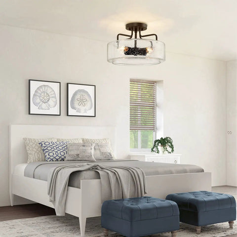 Dope Farmhouse Semi Flush Mount Ceiling Light With Drum Seeded Glass Shade Four Lights Oil Rubbed Bronze Finish in bedroom