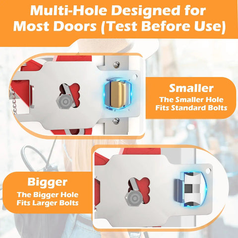 Close-up of a Portable Door Lock For Travel And Home Security Easy Install Defender Latch with multiple hole sizes.
