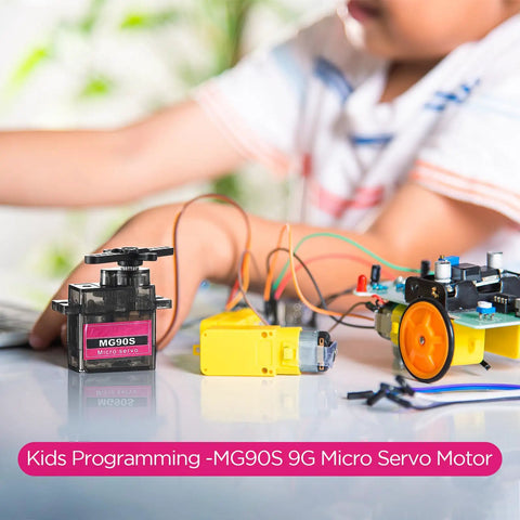 Child assembling RC car with SG90 9g micro servo motor from 16 Pack Mini SG90 9g Micro Servo Motors RC Servo Kit For Robots, Helicopters, Planes, Cars, Boats, Complete Set With Arms, Fixing Screws And Easy Mounts
