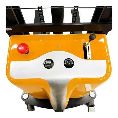 Heavy Duty Semi Electric Pallet Stacker Blasts 2204 Pounds Up To 138 Inches control panel with joystick and battery indicator.