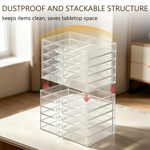 Stackable Drink Packet Organizer With 10 Clear Acrylic Drawers shown on tabletop highlighting dustproof design.
