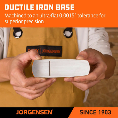 Ductile iron base of Pro Grade O1 Tool Steel Low Angle Block Plane in hand, showing ultra-flat precision.