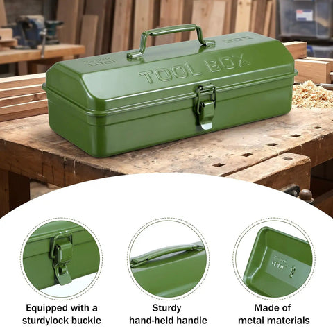Green Metal Tool Box With Lock 15 Inch Heavy Duty Steel Chest Portable Workshop Organizer For Home Garage on wooden table