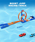 Shark Themed Car Race Track Set With Dual Loop And 2 Cars And Launchers, Jump Ramp Raceway Playset for Boys and Girls, dimensions shown