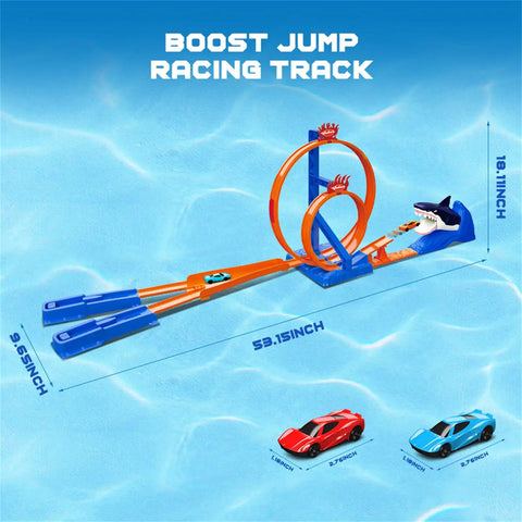 Shark Themed Car Race Track Set With Dual Loop And 2 Cars And Launchers, Jump Ramp Raceway Playset for Boys and Girls, dimensions shown