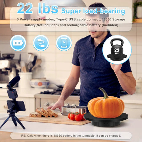 Electric Rotating Display Stand With Rechargeable Battery, Motorized Turntable For Live Streaming Video Shoot Photography, 3 In 1 Size Platform displaying a pumpkin in a kitchen setting.