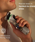 Ultra Prestige Wet And Dry Electric Shaver With SenseIQ Pro Technology Triple Lift And Cut System 360 Rotating NanoTech Precision Blades Beard Styler White Gold Finish For A Top Notch Clean Smooth Shave Anywhere, shaving neck