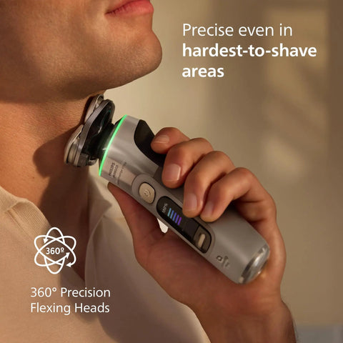 Ultra Prestige Wet And Dry Electric Shaver With SenseIQ Pro Technology Triple Lift And Cut System 360 Rotating NanoTech Precision Blades Beard Styler White Gold Finish For A Top Notch Clean Smooth Shave Anywhere, shaving neck