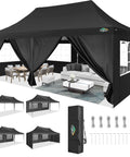 10x20 Pop Up Canopy Tent With Sidewalls And Upgrade Frame, black, showing outdoor setup with furniture and carry bag