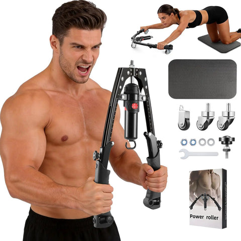 Upgrade Your Home Gym With This Badass 3 In 1 Twister Arm Trainer, showing adjustable hydraulic resistance and ab roller accessories.