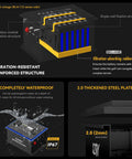 Diagram showing 36V Golf Cart Battery With Real Time Bluetooth Monitoring And LCD Display, 4KWh LiFePO4 Pack features, including waterproof and reinforced structure.