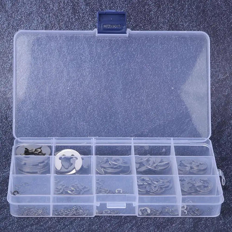 Top Picks 304 Stainless Steel Retaining Rings Set With Durable E-Type Fasteners For Home And Projects, Sizes From One Point Two To Fifteen Millimeters Heavy Duty Hardware Kit stored in a clear organizer box.