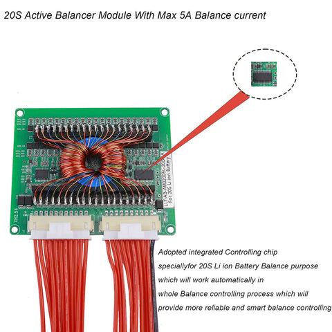 20S active balancer module with max 5A balance current and integrated control chip for battery balancing systems.