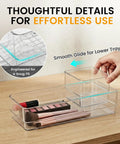 Clear Plastic Drawer Organizer Set, 6 Piece In Two Sizes For Makeup, Jewelry, Gadgets And More, showing non slip acrylic trays in use