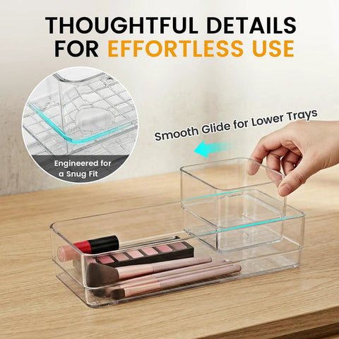 Clear Plastic Drawer Organizer Set, 6 Piece In Two Sizes For Makeup, Jewelry, Gadgets And More, showing non slip acrylic trays in use