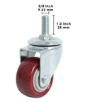 Hella Smooth 2 Inch Swivel Caster Wheels With Beefy Threaded Stem Polyurethane close-up of red wheel and steel mount.