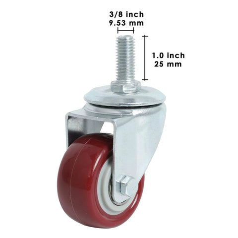 Hella Smooth 2 Inch Swivel Caster Wheels With Beefy Threaded Stem Polyurethane close-up of red wheel and steel mount.